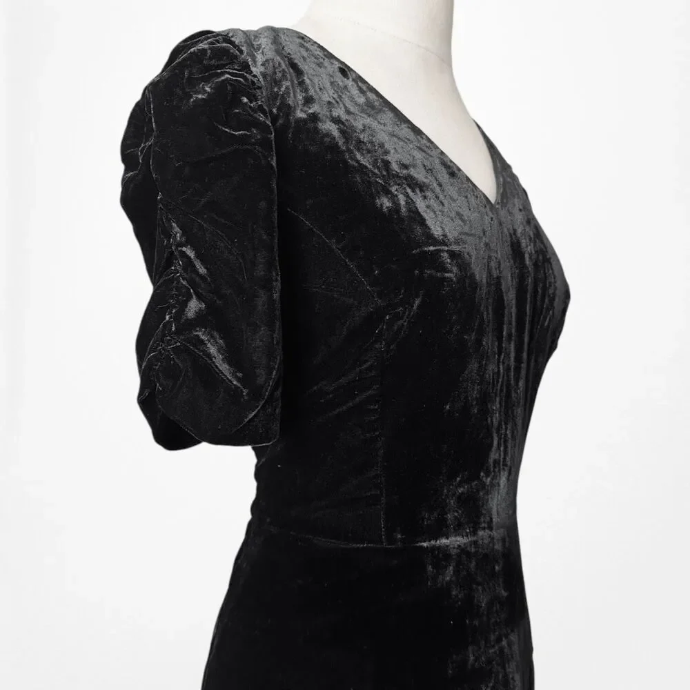Vintage Y2K Talbots Black Velvet V-Neck Puffy Sleeve Flared Cocktail Dress M